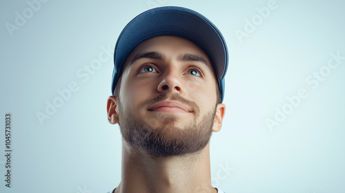 Portrait of a young man wearing a blue baseball cap, looking thoughtful, representing casual fashion, modern style, and outdoor lifestyle, ideal for fashion and lifestyle projects. photo