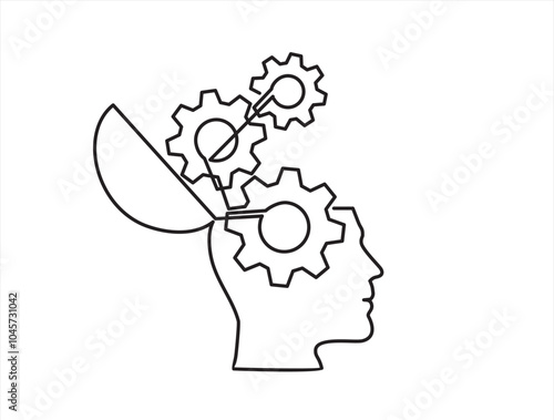 Drawing human head with gears inside in one line. Mental health and thinking concept. Single continuous line icon. Creative brain and technical process. Simple vector linear illustration.