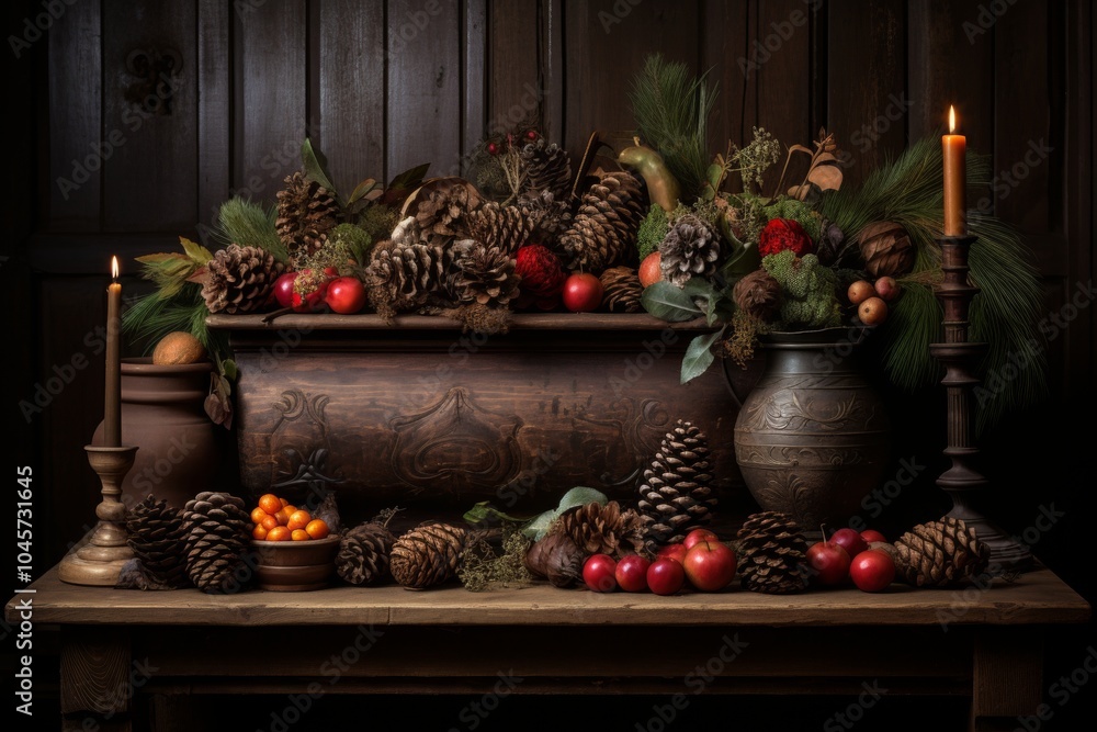 Winter nature a festive garland adorned with spruce branches and pine cones for seasonal charm Winter nature a festive garland adorned with spruce branches and pine cones for seasonal charm