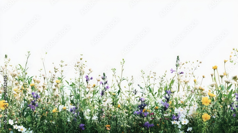 Fototapeta premium Meadow of wildflowers and lush green grass on a white background. Ideal for spring or summer-themed designs with plenty of space for text.
