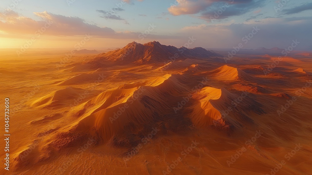 Naklejka premium Aerial view of majestic desert dunes at sunset, showcasing natural beauty and vast landscapes.