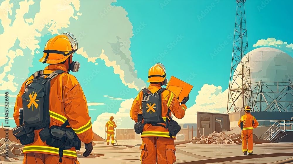 depicting emergency responders such as firefighters police and paramedics receiving specialized training on safely handling and managing radioactive materials in crisis situations depicting emergency responders such as firefighters police and paramedics receiving specialized training on safely handling and managing radioactive materials in crisis situations