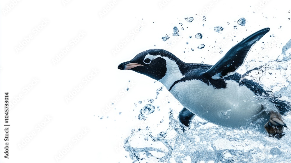 Fototapeta premium Penguin diving into icy water, showcasing agility and movement, with a clear background for text overlay.