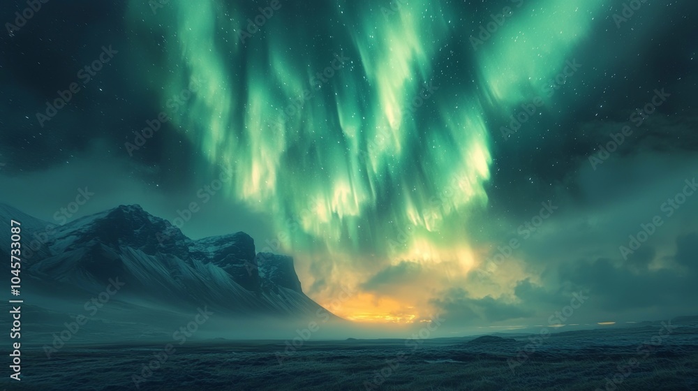 Aurora Borealis Over Mountains Night Sky Landscape Aurora Borealis Over Mountains Night Sky Landscape
