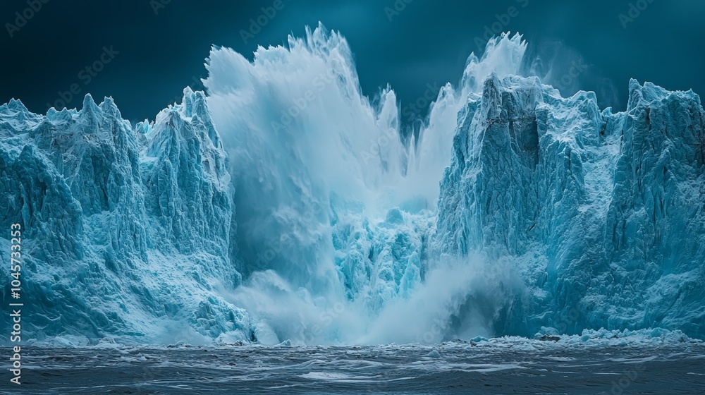 Dramatic Iceberg Calving in Arctic Waters Glacier Breakup Glacial Melt Frozen Landscape Dramatic Iceberg Calving in Arctic Waters Glacier Breakup Glacial Melt Frozen Landscape