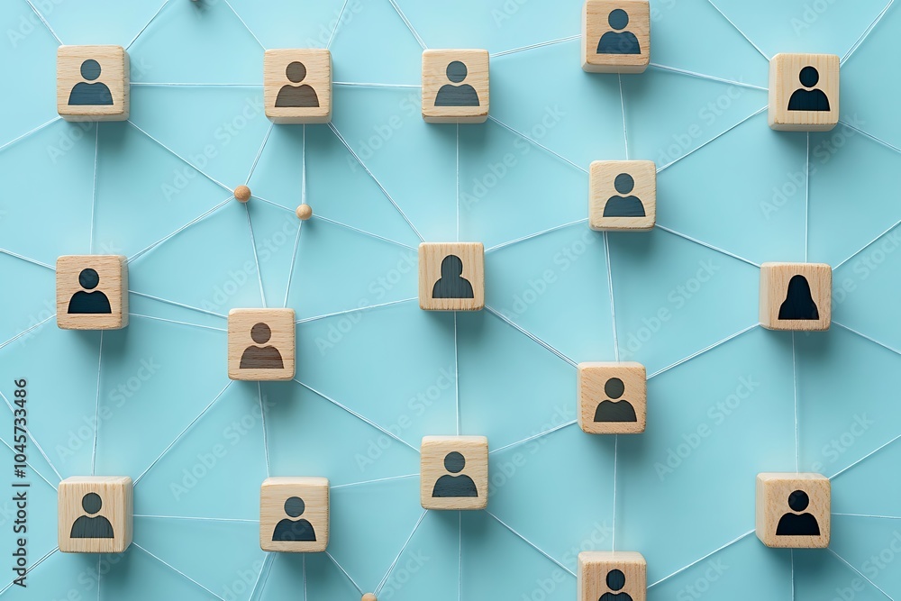 Connected Wooden Blocks with People Icons Representing Teamwork Connected Wooden Blocks with People Icons Representing Teamwork