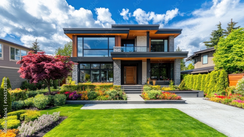 modern house with a green lawn and colorful flowers in the background against a blue sky modern house with a green lawn and colorful flowers in the background against a blue sky