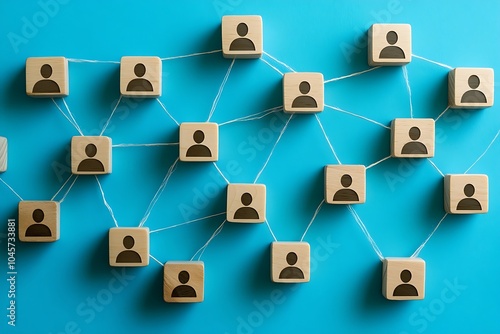 Connected Wooden People Network on Blue Background