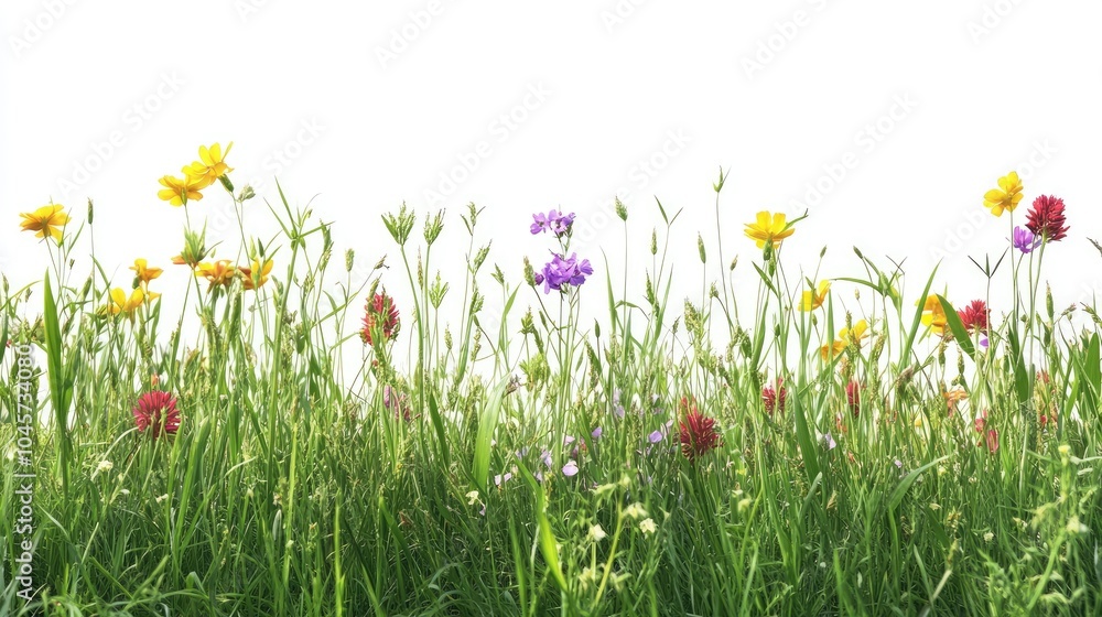 Fototapeta premium Vivid meadow flowers growing in lush grass, neatly isolated on a white background with space for your message or seasonal promotions.