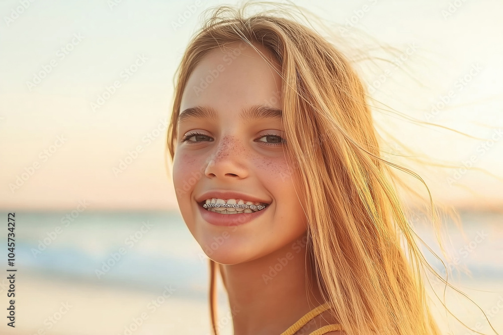 Young girl smiles at the beach during sunset, enjoying the warm golden hour light Young girl smiles at the beach during sunset, enjoying the warm golden hour light