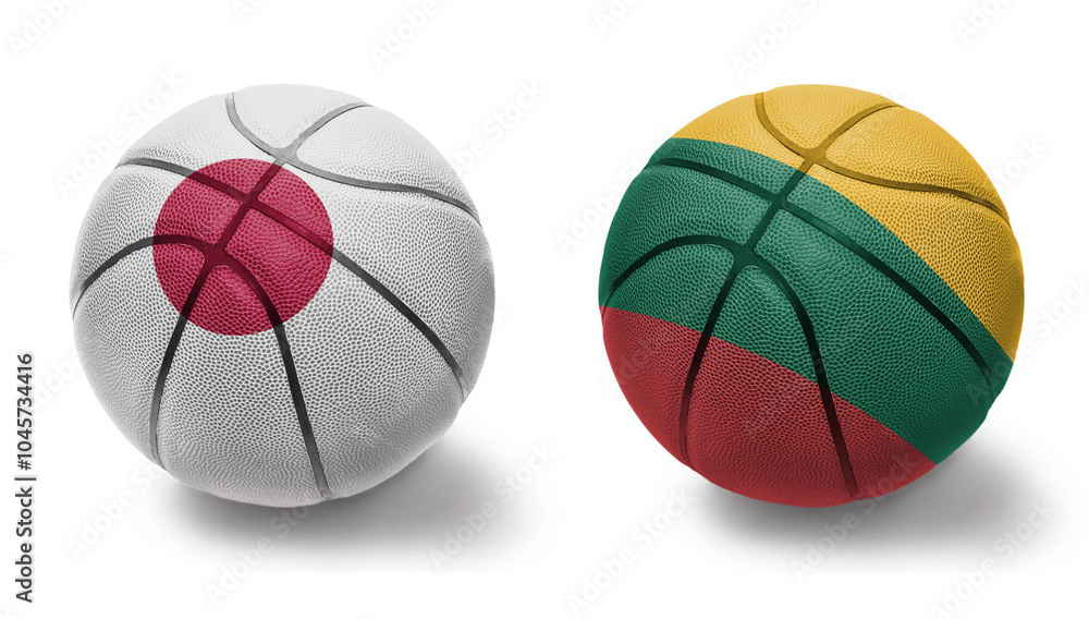 basketball balls with the national flags of lithuania and japan on the white background. basketball balls with the national flags of lithuania and japan on the white background.