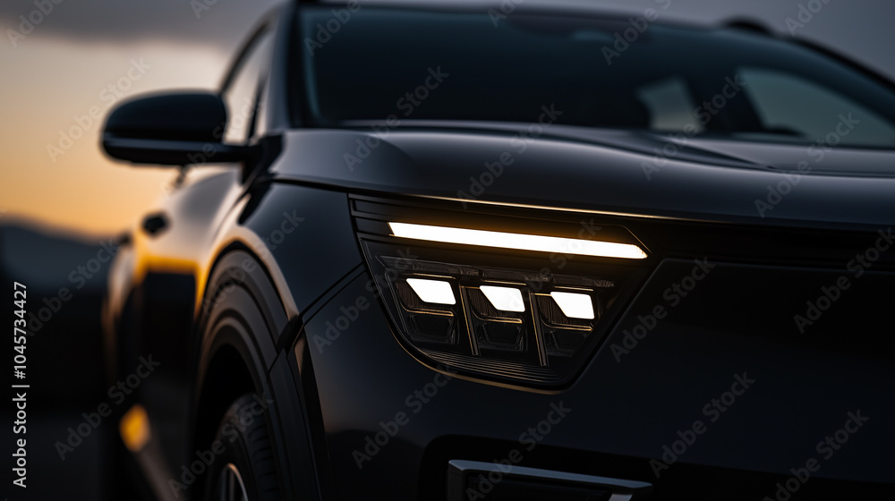 Close-up of a modern car headlight design with futuristic LED lights, perfect for automotive marketing, car design inspiration, and luxury vehicle branding projects. Close-up of a modern car headlight design with futuristic LED lights, perfect for automotive marketing, car design inspiration, and luxury vehicle branding projects.