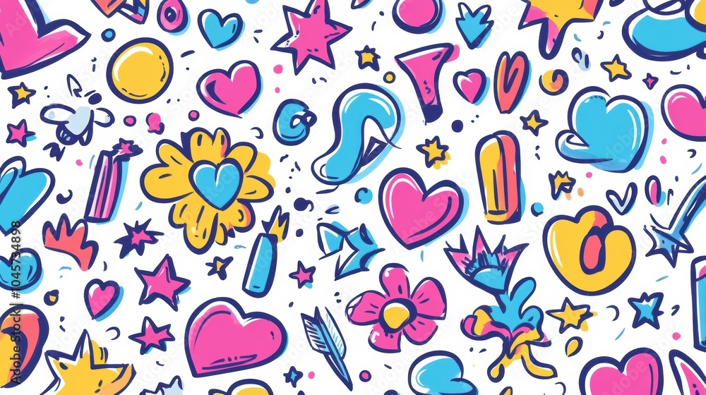 A lively arrangement of doodles bursts with vivid icons such as stars, hearts, arrows, and flowers, reflecting joyful creativity. Generative AI A lively arrangement of doodles bursts with vivid icons such as stars, hearts, arrows, and flowers, reflecting joyful creativity. Generative AI