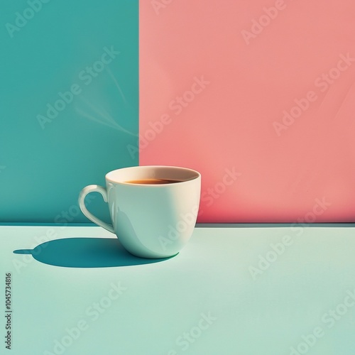 A white coffee cup sits on a pastel surface, casting a shadow against a split teal and pink background in soft sunlight.