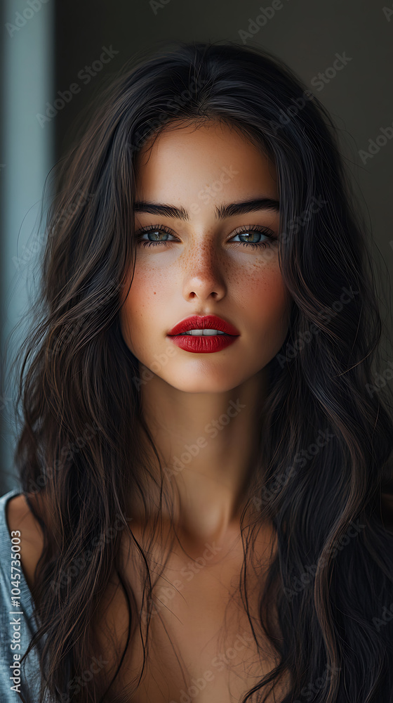 A close up portrait of young woman with long, wavy hair and striking features. Her skin appears healthy and lightly tanned, complemented by bold red lips and captivating blue eyes A close up portrait of young woman with long, wavy hair and striking features. Her skin appears healthy and lightly tanned, complemented by bold red lips and captivating blue eyes