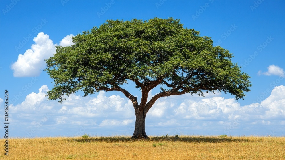 A single, large, green tree stands in a field of dry grass against a blue sky with fluffy white clouds. A single, large, green tree stands in a field of dry grass against a blue sky with fluffy white clouds.