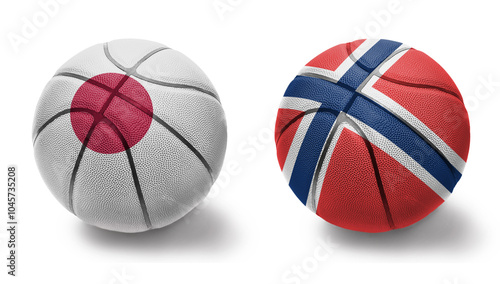 basketball balls with the national flags of norway and japan on the white background. photo