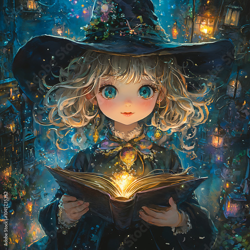 A kawaii girl wizard casts magic to illuminate night, surrounded by glowing lanterns and mystical atmosphere. Her enchanting presence captivates with wonder and charm