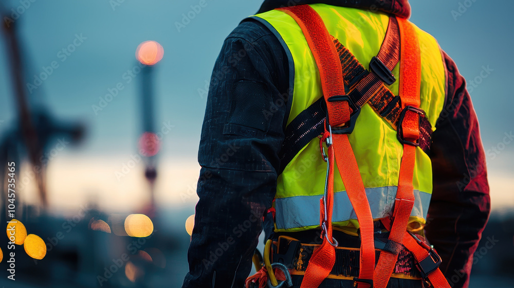 High visibility jacket and safety harness worn by worker at dusk, showcasing safety gear in industrial setting. vibrant colors contrast with blurred background lights, emphasizing safety and High visibility jacket and safety harness worn by worker at dusk, showcasing safety gear in industrial setting. vibrant colors contrast with blurred background lights, emphasizing safety and