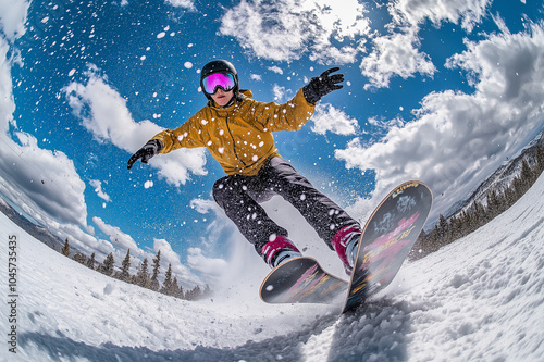 Action shot of a snowboarder in motion on a snowy mountain slope, representing winter sports, adventure, and outdoor activities, perfect for sports marketing and adventure travel projects. photo