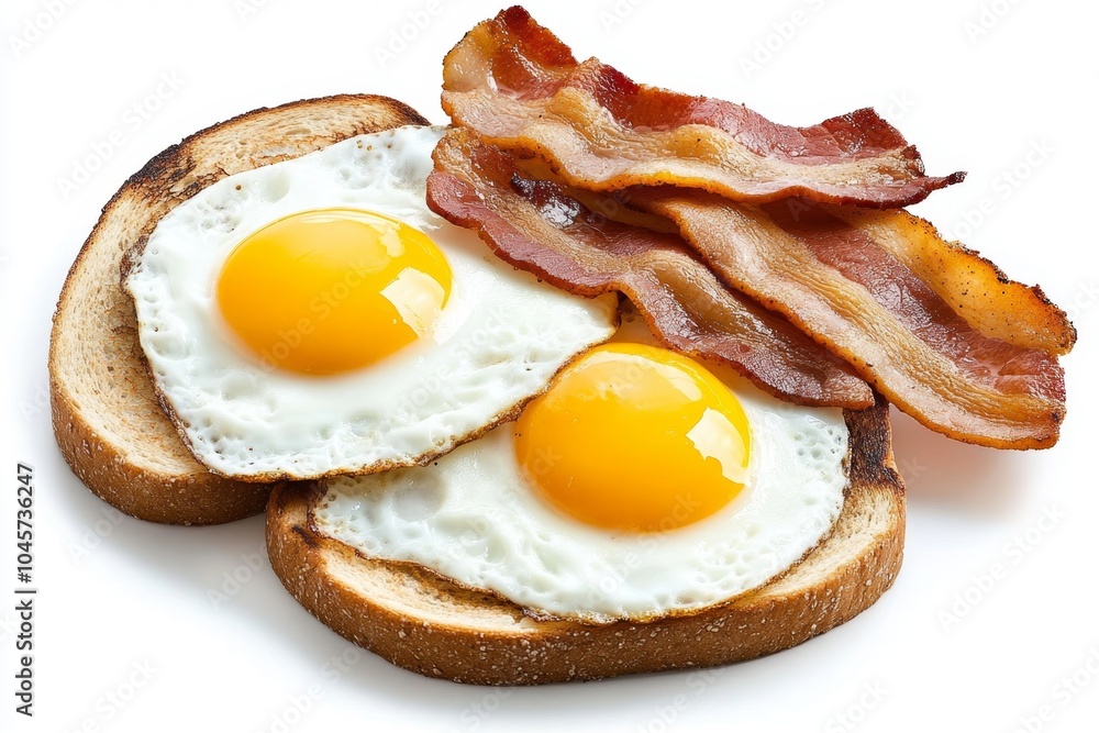 A top-down view of a hearty breakfast featuring fried eggs, bacon, and toast, symbolizing hunger satisfaction A top-down view of a hearty breakfast featuring fried eggs, bacon, and toast, symbolizing hunger satisfaction