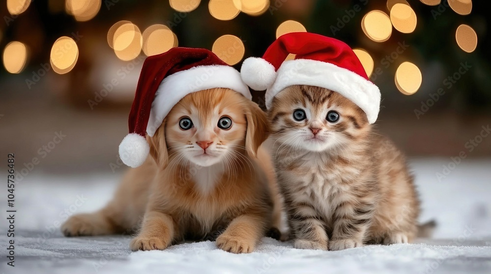 A cute puppy and kitten wearing festive Santa hats sit side by side on a wooden floor, surrounded by twinkling Christmas lights, enjoying the holiday spirit together A cute puppy and kitten wearing festive Santa hats sit side by side on a wooden floor, surrounded by twinkling Christmas lights, enjoying the holiday spirit together