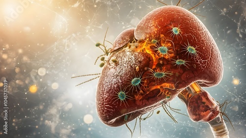 Detailed of a Human Liver Infected with Liver Flukes Depicting Symptoms and Damage   A digital rendering showcasing the internal anatomy of a liver affected by a parasitic infection photo