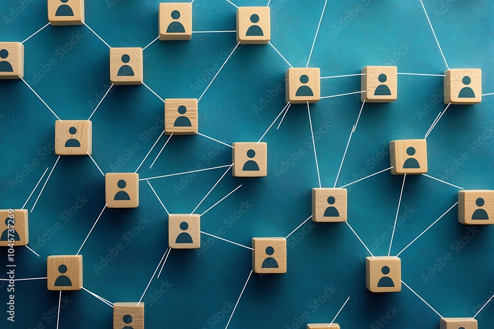 Interconnected People Symbol Wooden Blocks and String Network Interconnected People Symbol Wooden Blocks and String Network