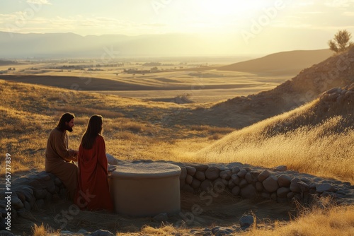 Intimate dialogue between Jesus and the samaritan woman at the well under a bright sunlit sky, Biblical religious stories, illustrations Christian faith in God