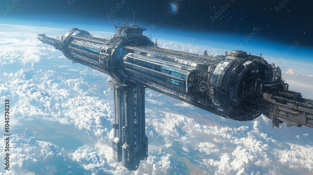 Futuristic Space Station Orbiting Earth with Clouds Futuristic Space Station Orbiting Earth with Clouds