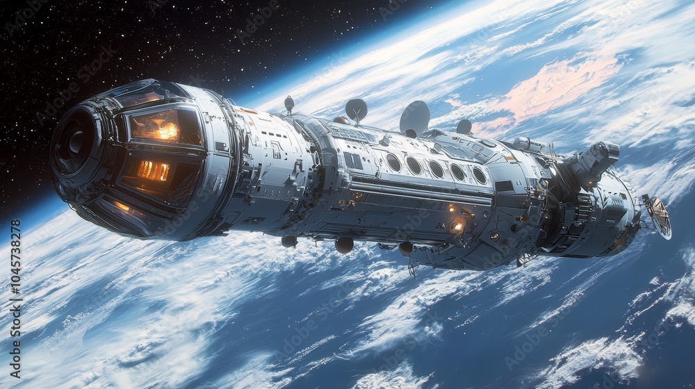 Fototapeta premium Futuristic Spacecraft Orbiting Earth with Stars and Clouds