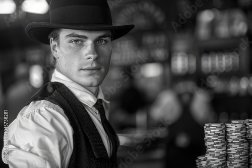 man in hat sits confidently at poker table, his intense gaze fixed on camera, surrounded by poker chips in vintage casino scene