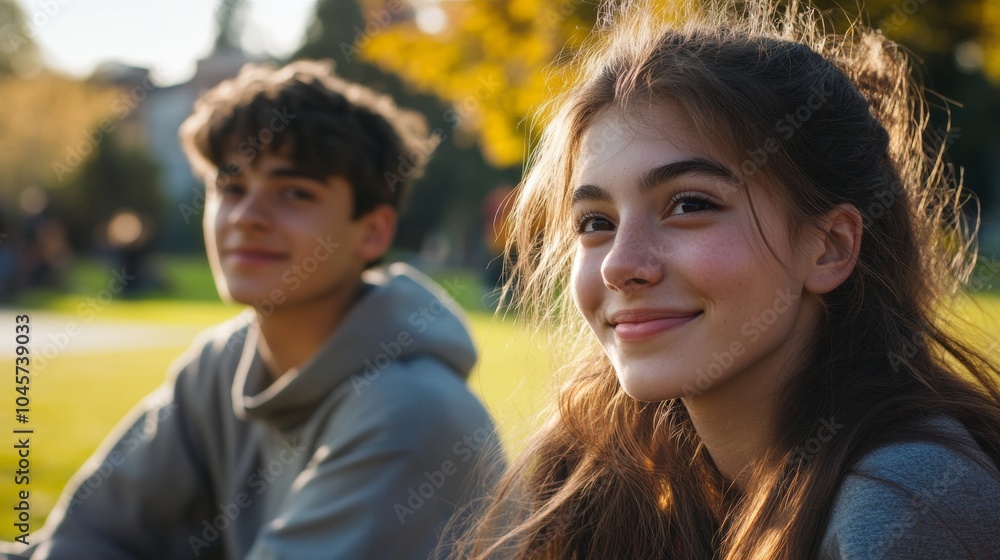 Two teenagers sit side by side in a park, smiling and enjoying the warm sunlight. The backdrop features colorful autumn leaves, enhancing the cheerful atmosphere Two teenagers sit side by side in a park, smiling and enjoying the warm sunlight. The backdrop features colorful autumn leaves, enhancing the cheerful atmosphere