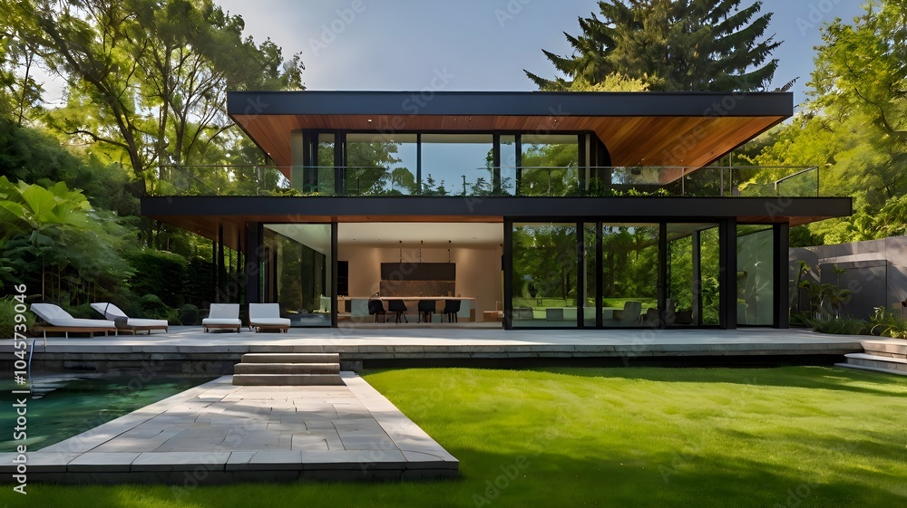 Sleek modern architecture with expansive windows and a lush garden view. Sleek modern architecture with expansive windows and a lush garden view.