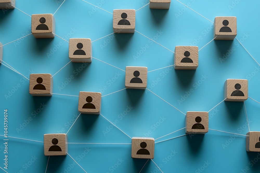Interconnected Wooden Blocks with Person Icons - Teamwork and Network Interconnected Wooden Blocks with Person Icons - Teamwork and Network