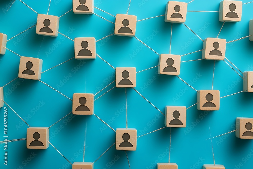 Interconnected Wooden Blocks with Person Icons on Blue Background Interconnected Wooden Blocks with Person Icons on Blue Background