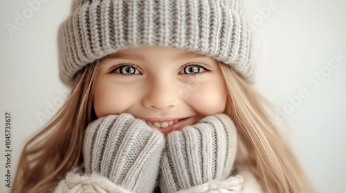 Portrait of a smiling girl in cozy winter clothes, wearing a knit hat and scarf, representing warmth, joy, and childhood, perfect for seasonal, holiday, and winter fashion projects.