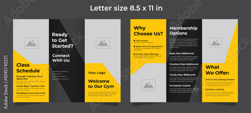 Trifold brochure template for gym and fitness compagny in yellow and black colors