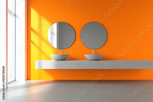 Modern bathroom design with dual stone sinks and minimalist round mirrors, featuring bold orange walls, perfect for contemporary interior design and bathroom decor inspiration projects. photo