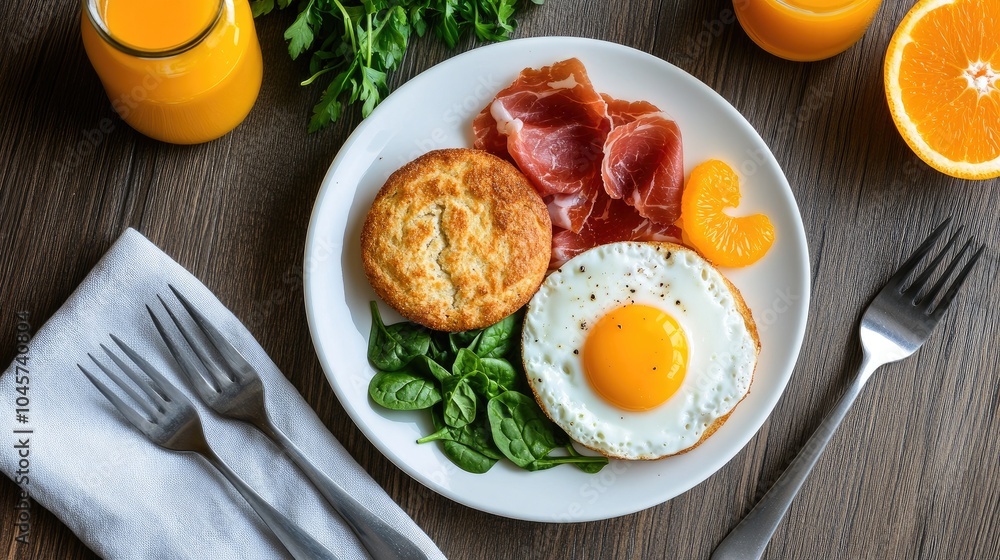 Brightly colored crumpets topped with spinach, prosciutto, and perfectly cooked eggs create a delightful breakfast, accompanied by refreshing orange juice and a stylish table setting Brightly colored crumpets topped with spinach, prosciutto, and perfectly cooked eggs create a delightful breakfast, accompanied by refreshing orange juice and a stylish table setting