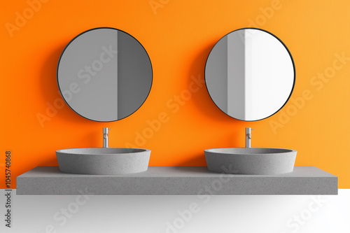 Modern bathroom design with dual stone sinks and minimalist round mirrors, featuring bold orange walls, perfect for contemporary interior design and bathroom decor inspiration projects. photo