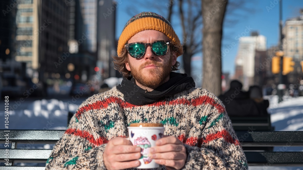 Cozy Winter Vibes - Man Enjoying Hot Cocoa on Snow-Covered Bench in Playful Winter Attire Cozy Winter Vibes - Man Enjoying Hot Cocoa on Snow-Covered Bench in Playful Winter Attire
