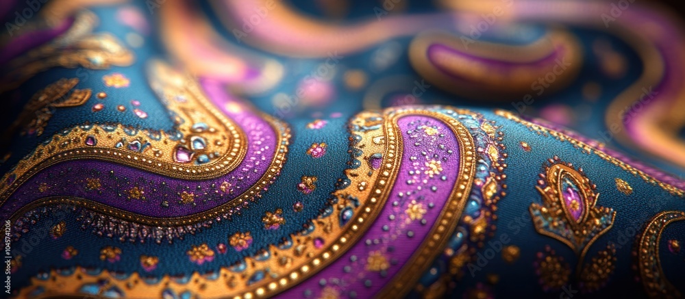 A close-up of intricate fabric featuring vibrant paisley patterns and embellishments. A close-up of intricate fabric featuring vibrant paisley patterns and embellishments.