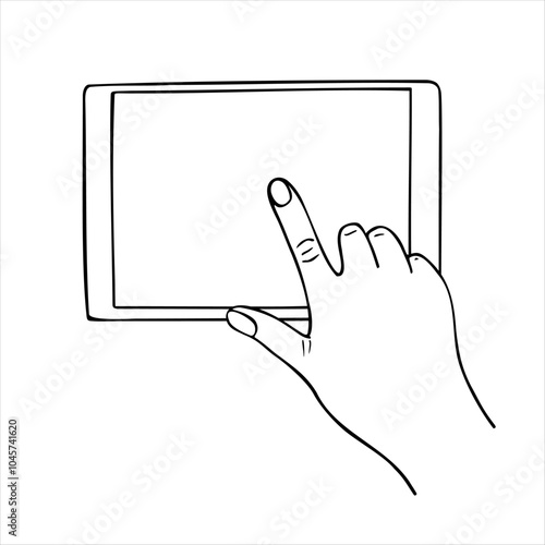 Monochrome finger on horizontal screen touch tablet vector isolated sketch illustration painted by black inks. Etching drawing of smart Device with Gestures and empty space for your text.