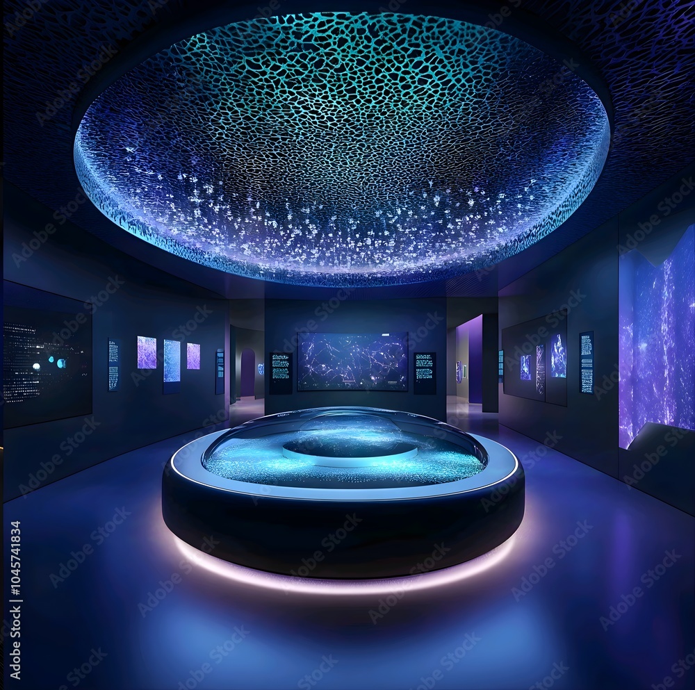 an interior for a digital lab museum with display screens dark with ...
