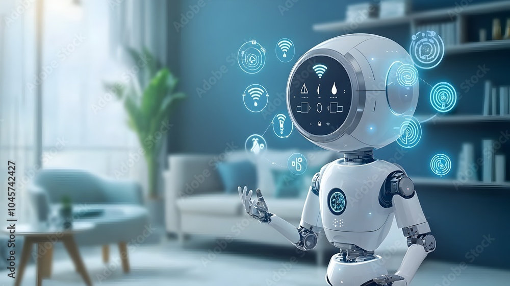 Fototapeta premium Futuristic Robot Using Voice Commands to Adjust Room Temperature with Hovering Virtual Icons and Smart Home Technology Interface