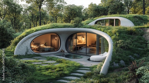 Modern Eco Friendly House Design with Green Roof and Curved Windows