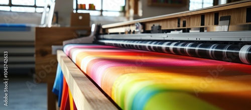 Colorful fabric being printed on a large format printer.