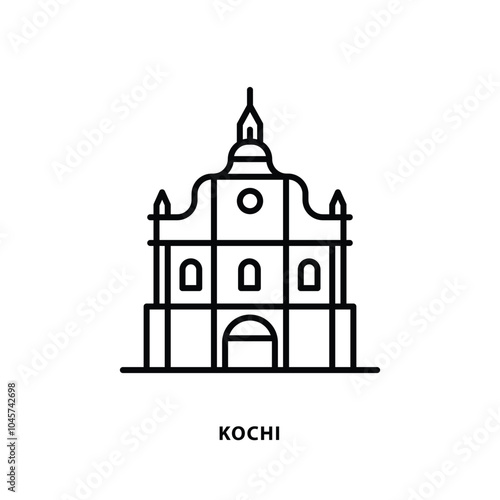  Indian city icon. Kochi-St Francis Church. Kerala. Minimal vector illustration, linear style.