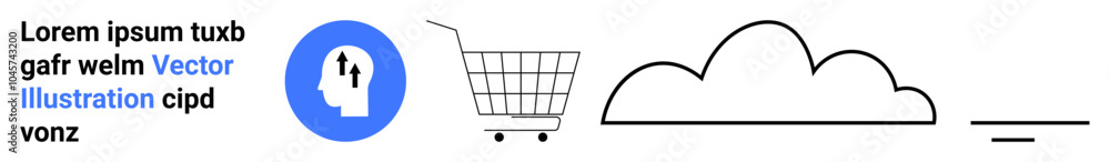 Blue circular icon with a human head and arrows, a shopping cart, a cloud, and horizontal lines. Ideal for e-commerce, cloud computing, user experience design, digital marketing, and technology